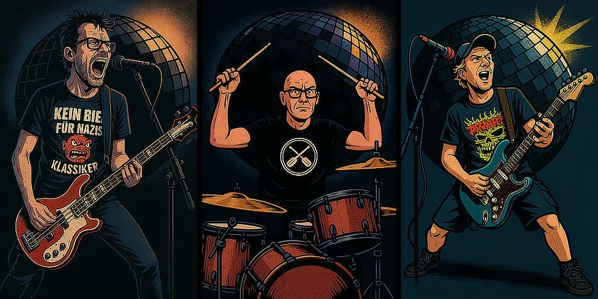 Gezeichnetes Triptychon der Band Die dunkle Seite der Discokugel: Tobir Trichter singt und spielt Bass, Bebo Softmachine trommelt am Schlagzeug, Doc Auge spielt E-Gitarre – jeweils vor einer großen Discokugel.