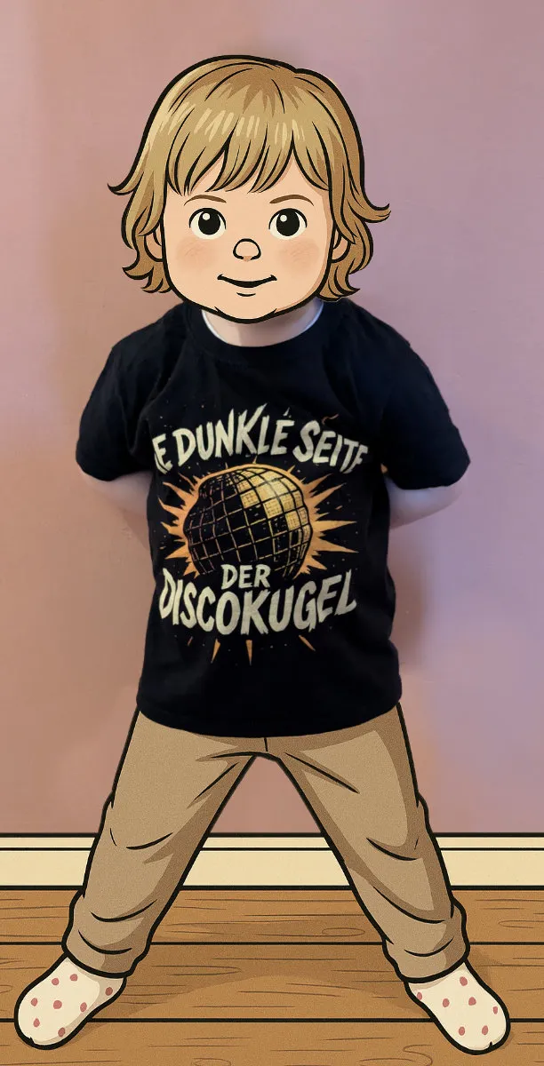 Vorderansicht eines schwarzen Kinder-T-Shirts mit gelbem Aufdruck einer glühenden Discokugel und dem Schriftzug Die dunkle Seite der Discokugel.