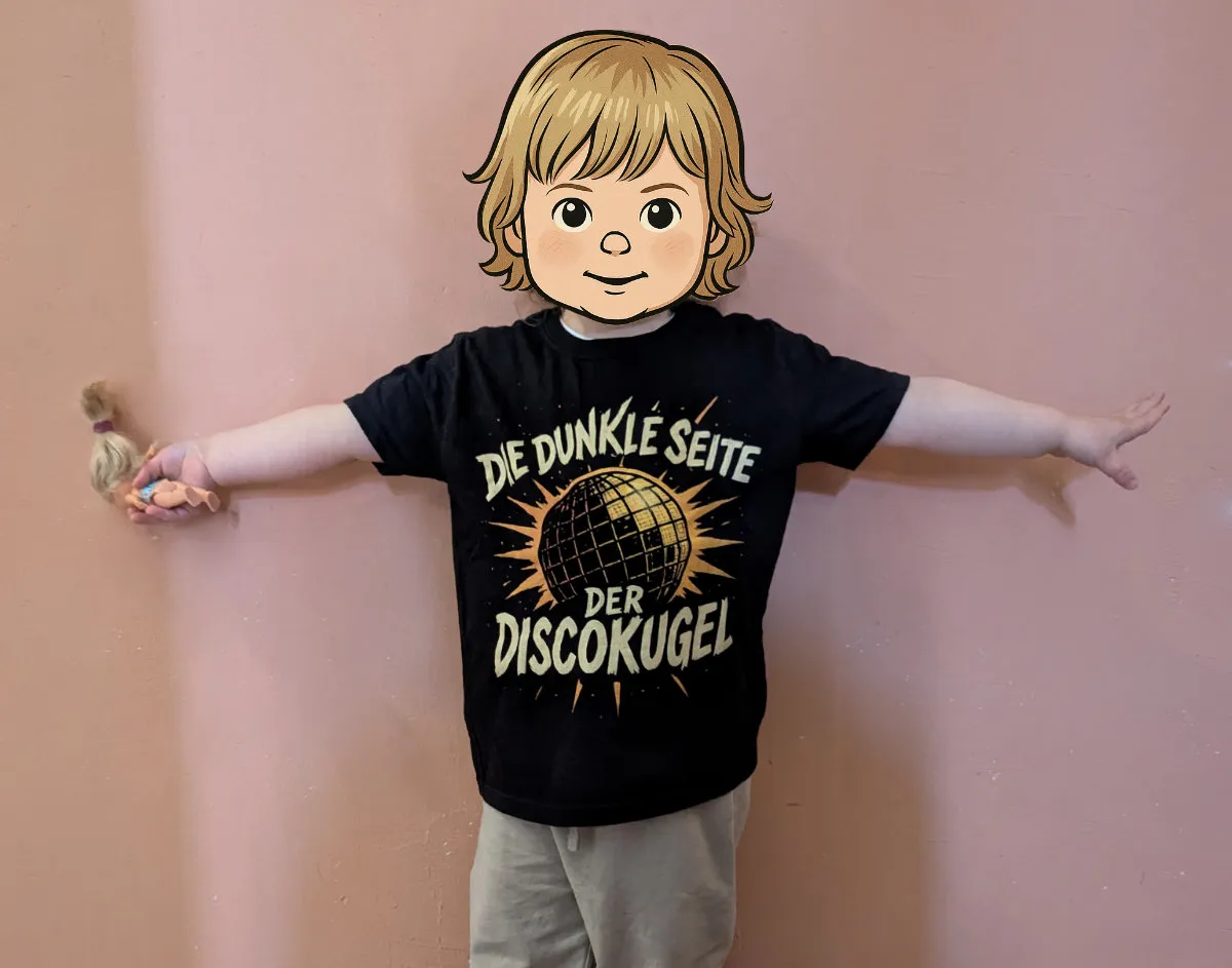 Kind trägt das schwarze Band-Shirt mit Discokugel-Motiv und breitet die Arme aus, um das Design zu präsentieren.